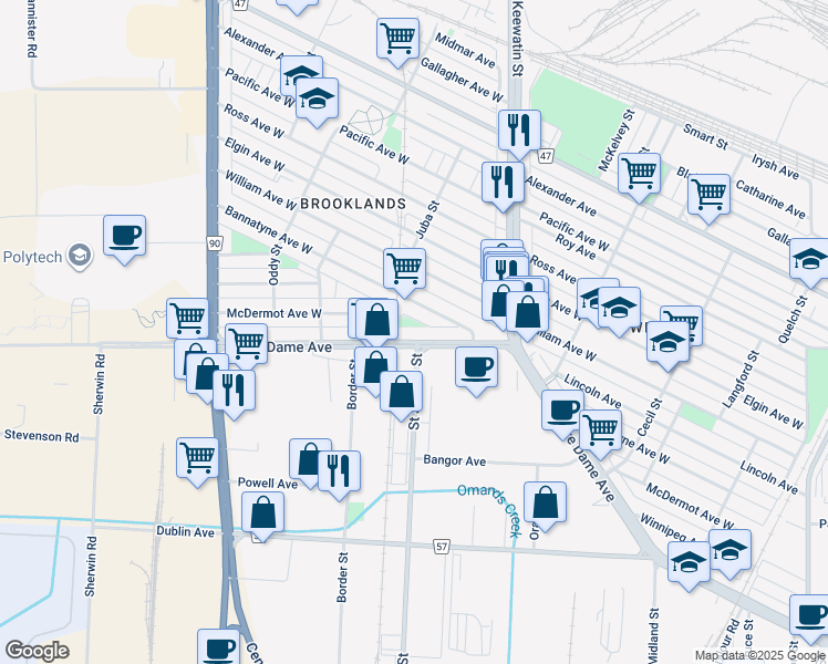 map of restaurants, bars, coffee shops, grocery stores, and more near 1838 Bannatyne Avenue West in Winnipeg