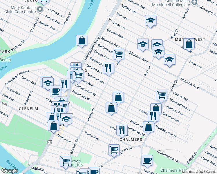 map of restaurants, bars, coffee shops, grocery stores, and more near 306 Bowman Avenue in Winnipeg