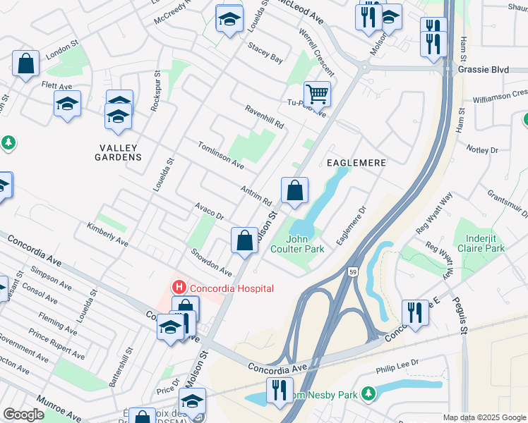 map of restaurants, bars, coffee shops, grocery stores, and more near 170 Avaco Drive in Winnipeg
