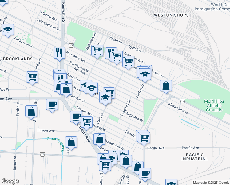 map of restaurants, bars, coffee shops, grocery stores, and more near 159 Cecil Street in Winnipeg