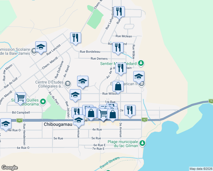 map of restaurants, bars, coffee shops, grocery stores, and more near 109 Avenue Perreault in Chibougamau