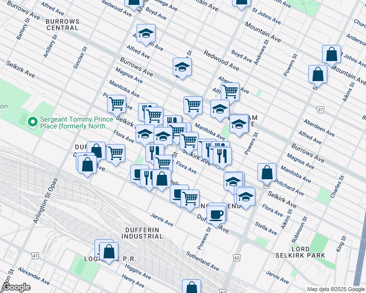 map of restaurants, bars, coffee shops, grocery stores, and more near 593 Selkirk Avenue in Winnipeg
