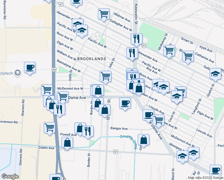 map of restaurants, bars, coffee shops, grocery stores, and more near 1838 Bannatyne Avenue West in Winnipeg