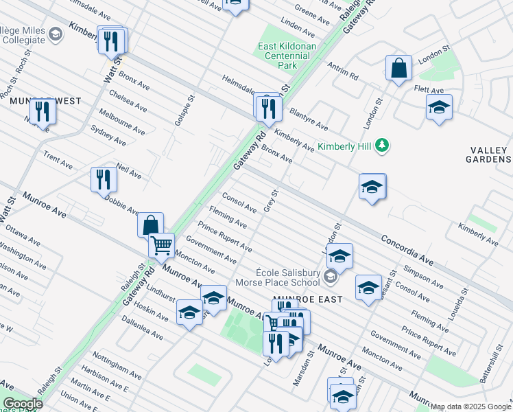 map of restaurants, bars, coffee shops, grocery stores, and more near 651 Consol Avenue in Winnipeg