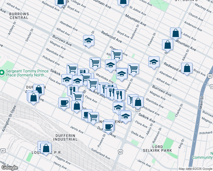 map of restaurants, bars, coffee shops, grocery stores, and more near 531 Pritchard Avenue in Winnipeg
