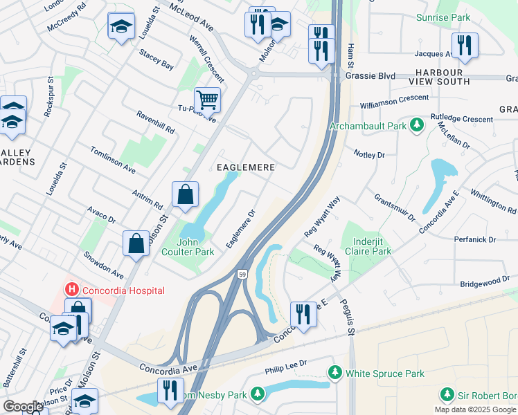 map of restaurants, bars, coffee shops, grocery stores, and more near 204 Eaglemere Drive in Winnipeg