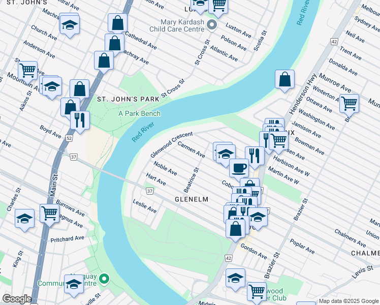 map of restaurants, bars, coffee shops, grocery stores, and more near 44 Carmen Avenue in Winnipeg
