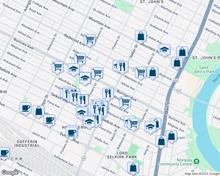 map of restaurants, bars, coffee shops, grocery stores, and more near 429 Burrows Avenue in Winnipeg