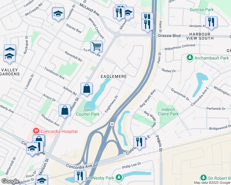map of restaurants, bars, coffee shops, grocery stores, and more near 203 Eaglemere Drive in Winnipeg