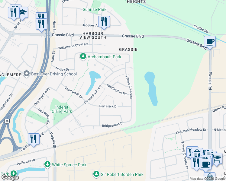 map of restaurants, bars, coffee shops, grocery stores, and more near 30 Whittington Road in Winnipeg