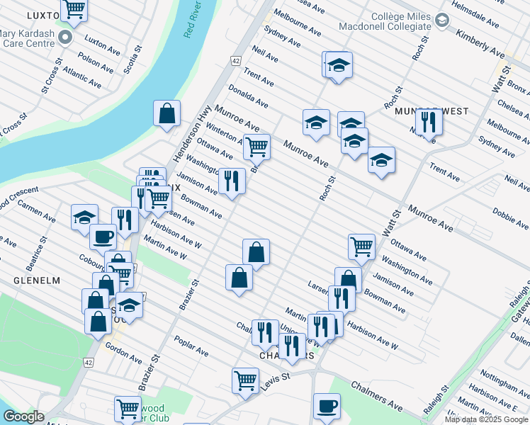 map of restaurants, bars, coffee shops, grocery stores, and more near 337 Jamison Avenue in Winnipeg