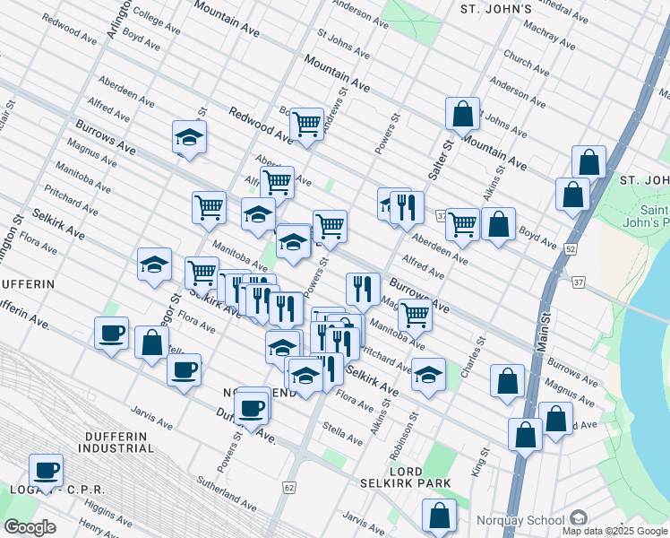 map of restaurants, bars, coffee shops, grocery stores, and more near 461 Magnus Avenue in Winnipeg