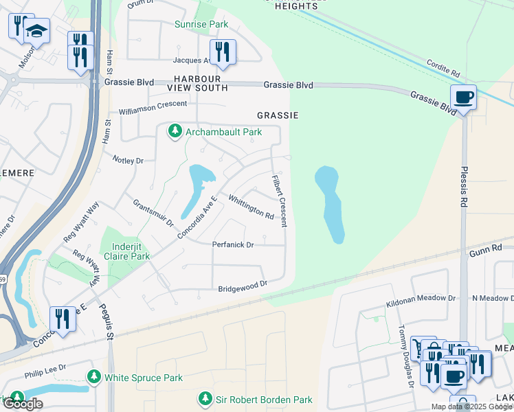 map of restaurants, bars, coffee shops, grocery stores, and more near 43 Whittington Road in Winnipeg