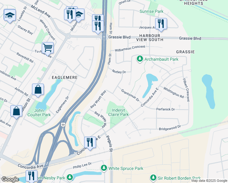 map of restaurants, bars, coffee shops, grocery stores, and more near 511 Al Thompson Drive in Winnipeg