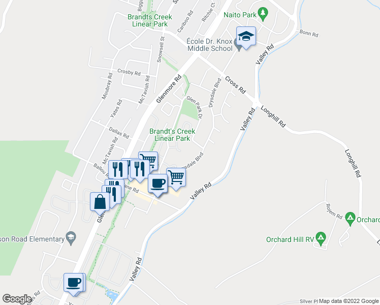 map of restaurants, bars, coffee shops, grocery stores, and more near 305 Drysdale Boulevard in Kelowna