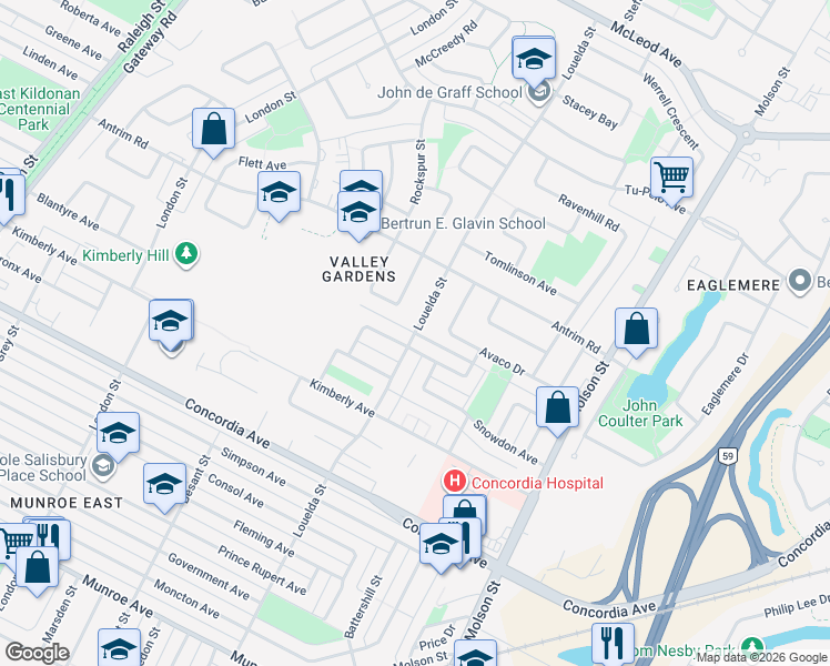 map of restaurants, bars, coffee shops, grocery stores, and more near Louelda Street in Winnipeg