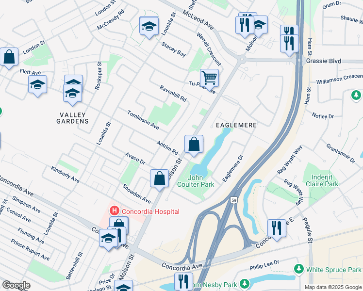 map of restaurants, bars, coffee shops, grocery stores, and more near in Winnipeg