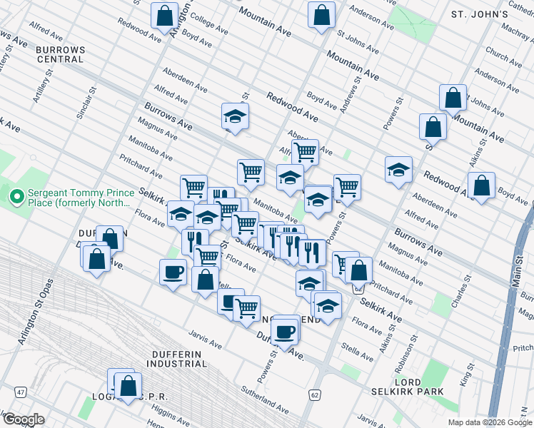 map of restaurants, bars, coffee shops, grocery stores, and more near 531 Pritchard Avenue in Winnipeg
