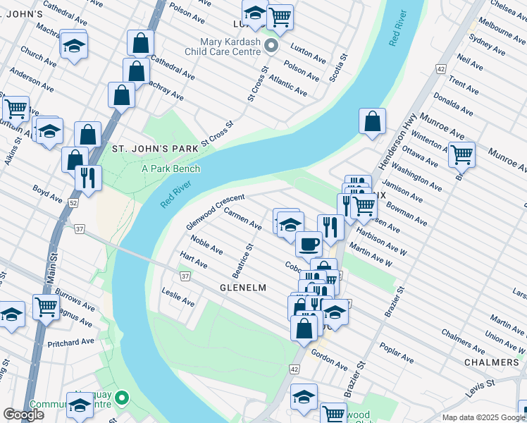 map of restaurants, bars, coffee shops, grocery stores, and more near 52 Martin Avenue West in Winnipeg