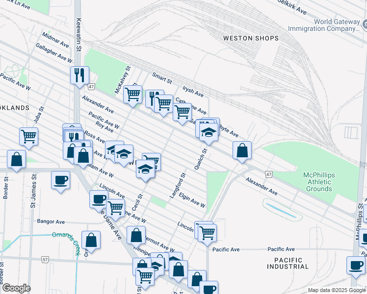 map of restaurants, bars, coffee shops, grocery stores, and more near 1459 Alexander Avenue in Winnipeg