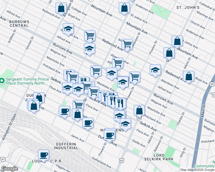 map of restaurants, bars, coffee shops, grocery stores, and more near 543 Manitoba Avenue in Winnipeg