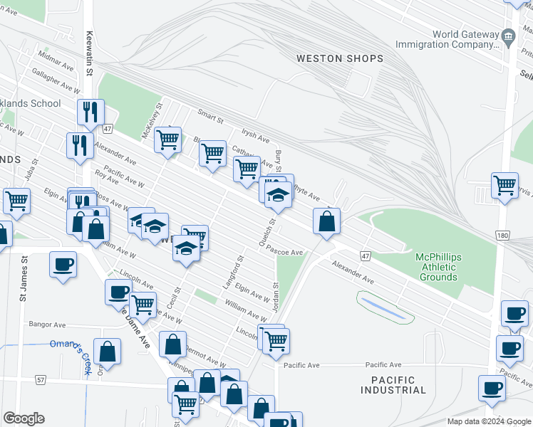 map of restaurants, bars, coffee shops, grocery stores, and more near 1471 Logan Avenue in Winnipeg
