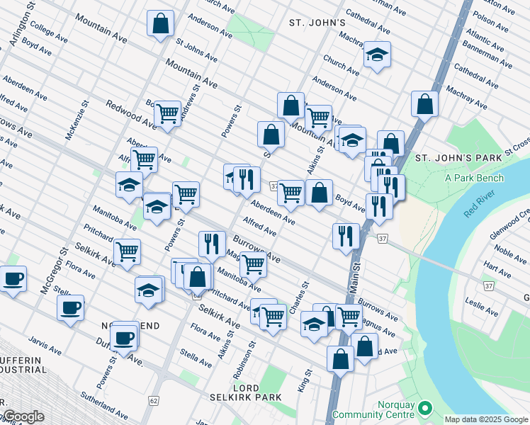 map of restaurants, bars, coffee shops, grocery stores, and more near 372 Aberdeen Avenue in Winnipeg