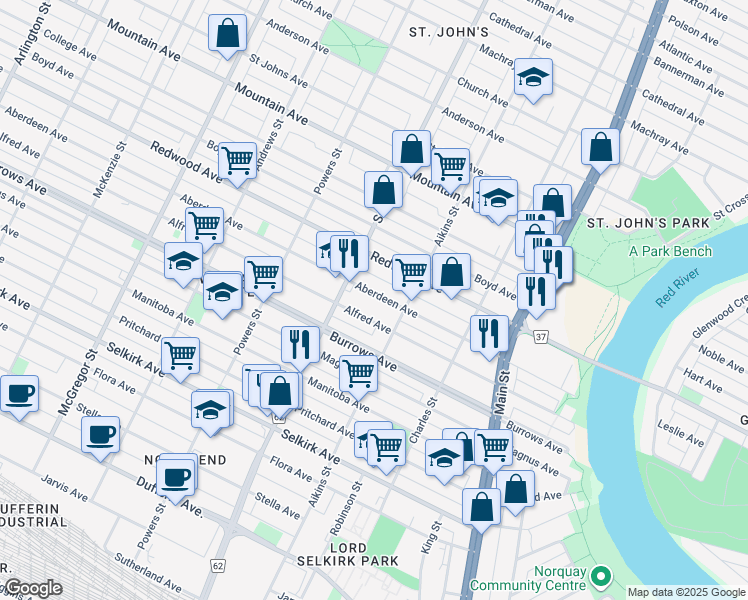 map of restaurants, bars, coffee shops, grocery stores, and more near 372 Aberdeen Avenue in Winnipeg