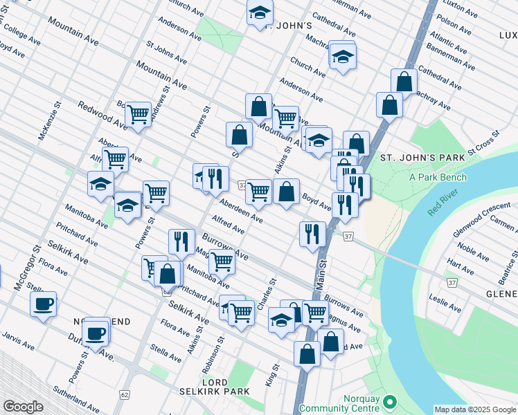 map of restaurants, bars, coffee shops, grocery stores, and more near 286 Aikins St in Winnipeg