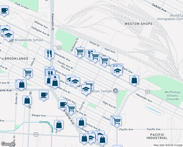 map of restaurants, bars, coffee shops, grocery stores, and more near 1511 Alexander Avenue in Winnipeg