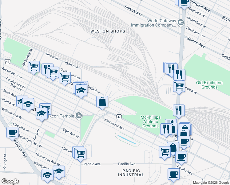 map of restaurants, bars, coffee shops, grocery stores, and more near 1383 Whyte Avenue in Winnipeg