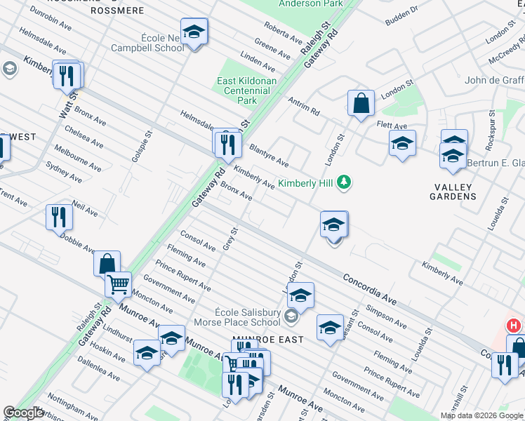 map of restaurants, bars, coffee shops, grocery stores, and more near 762 Bronx Avenue in Winnipeg