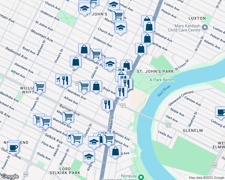 map of restaurants, bars, coffee shops, grocery stores, and more near 267 Boyd Avenue in Winnipeg
