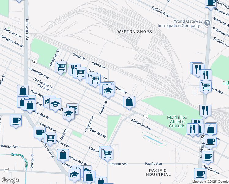 map of restaurants, bars, coffee shops, grocery stores, and more near Gallagher Avenue in Winnipeg
