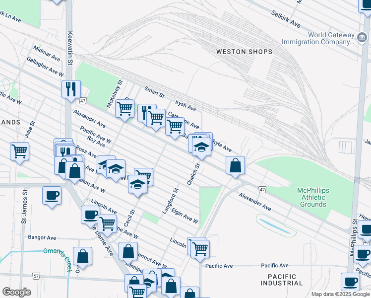 map of restaurants, bars, coffee shops, grocery stores, and more near 1471 Logan Avenue in Winnipeg