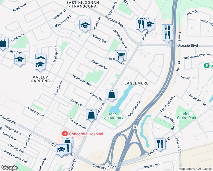 map of restaurants, bars, coffee shops, grocery stores, and more near 1240 Molson Street in Winnipeg