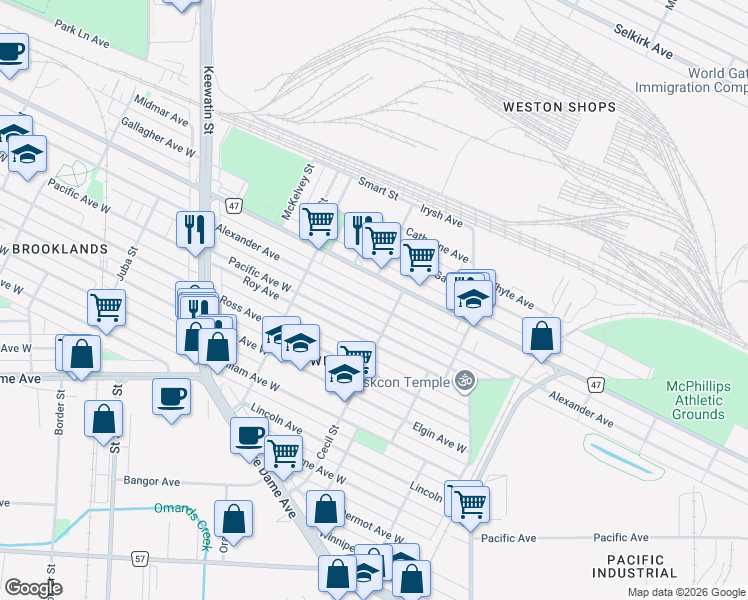 map of restaurants, bars, coffee shops, grocery stores, and more near 1511 Alexander Avenue in Winnipeg