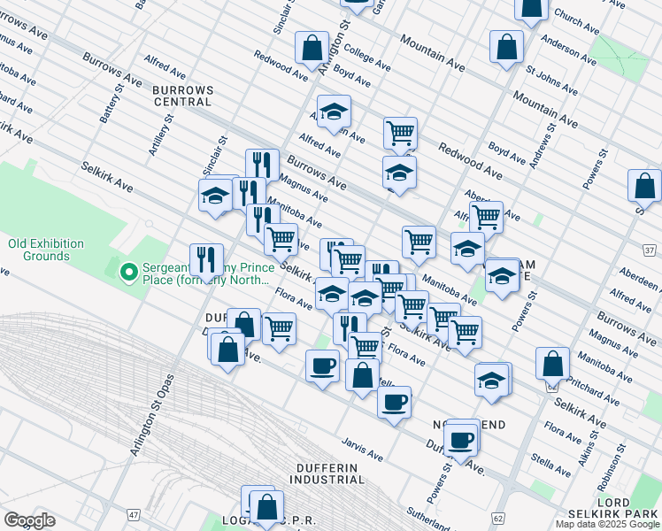 map of restaurants, bars, coffee shops, grocery stores, and more near 670 Pritchard Avenue in Winnipeg