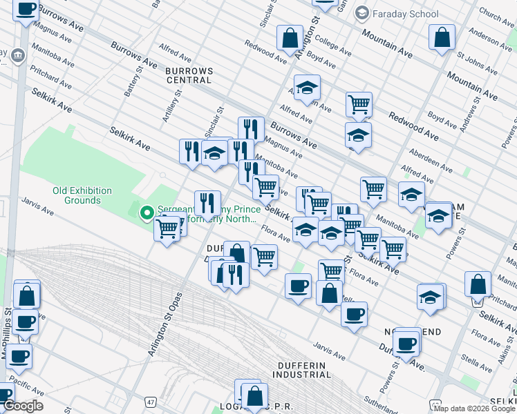 map of restaurants, bars, coffee shops, grocery stores, and more near 750 Selkirk Avenue in Winnipeg