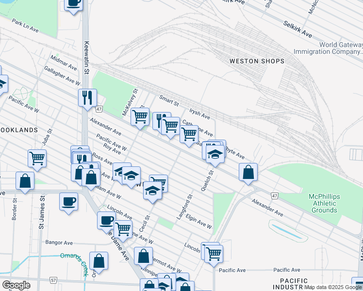 map of restaurants, bars, coffee shops, grocery stores, and more near 1507 Logan Avenue in Winnipeg