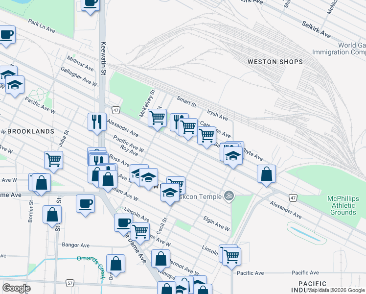 map of restaurants, bars, coffee shops, grocery stores, and more near 1511 Alexander Avenue in Winnipeg