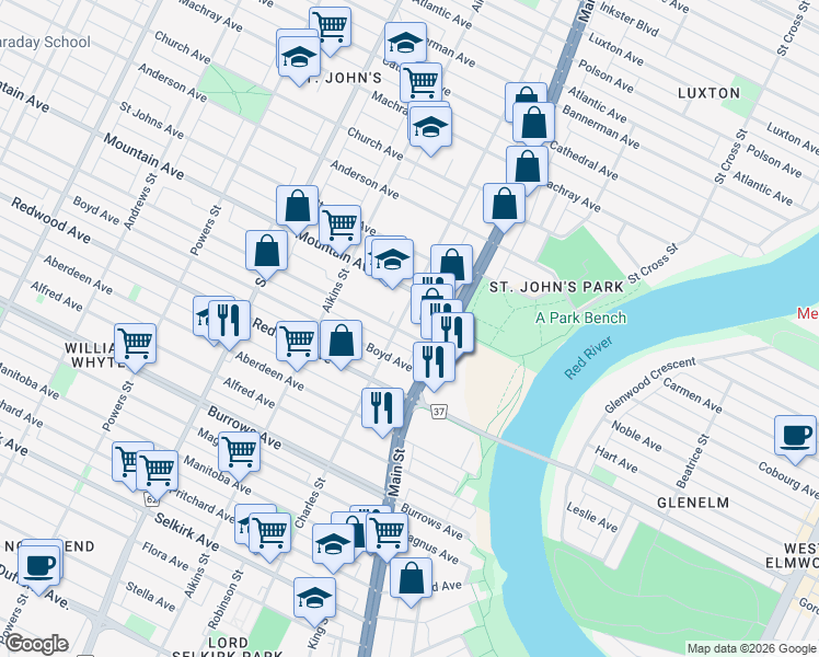 map of restaurants, bars, coffee shops, grocery stores, and more near 285 College Avenue in Winnipeg