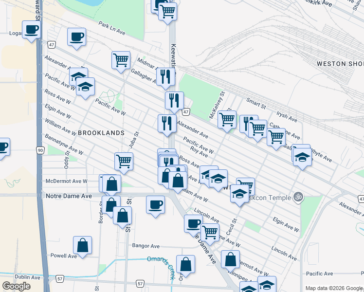map of restaurants, bars, coffee shops, grocery stores, and more near 1654 Roy Avenue in Winnipeg