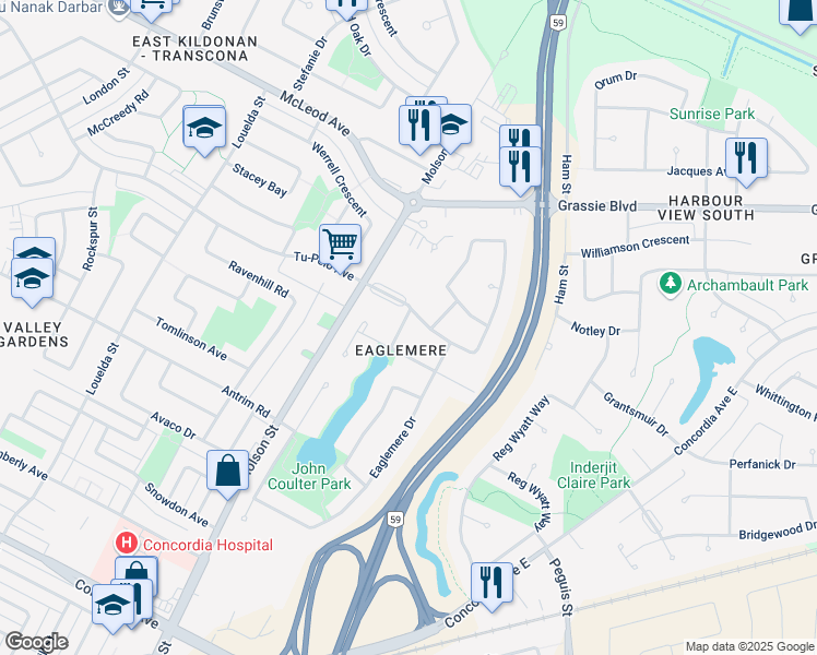 map of restaurants, bars, coffee shops, grocery stores, and more near 308 Eaglemere Drive in Winnipeg