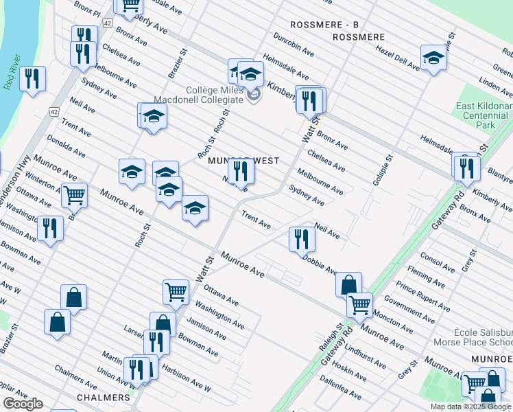 map of restaurants, bars, coffee shops, grocery stores, and more near 642 Watt Street in Winnipeg