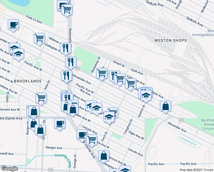 map of restaurants, bars, coffee shops, grocery stores, and more near 279 Smart Street in Winnipeg