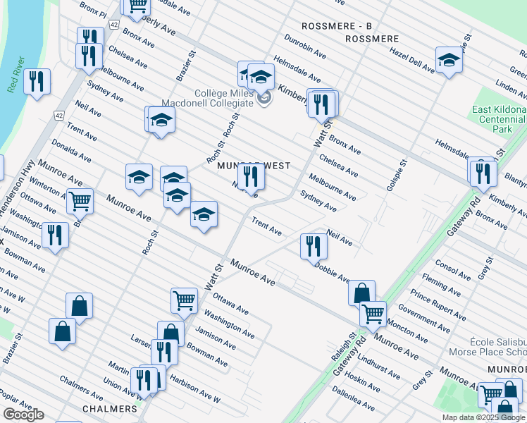 map of restaurants, bars, coffee shops, grocery stores, and more near 635 Watt Street in Winnipeg