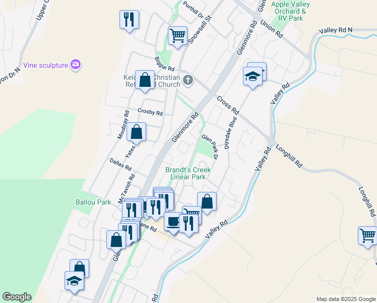 map of restaurants, bars, coffee shops, grocery stores, and more near 225 Glenpark Drive in Kelowna