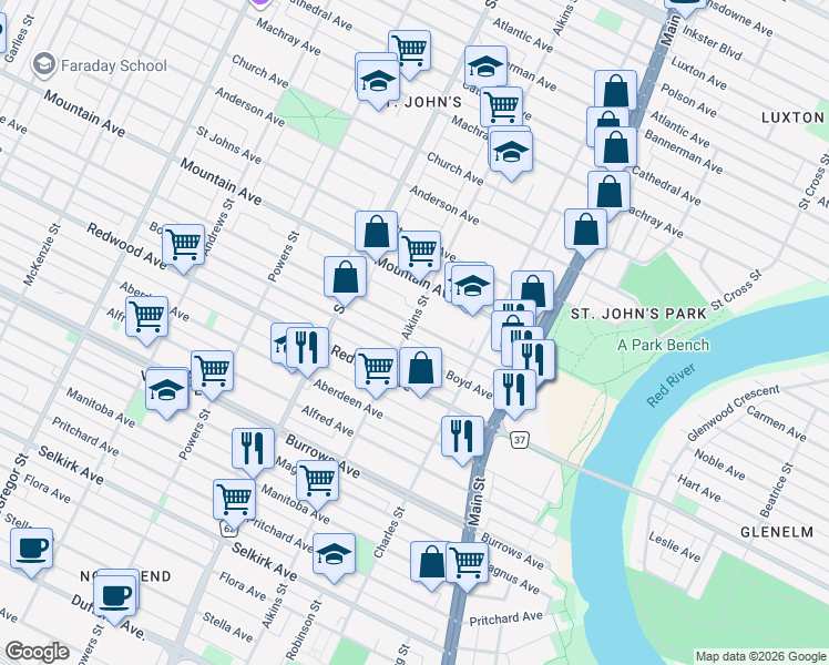map of restaurants, bars, coffee shops, grocery stores, and more near 348 College Avenue in Winnipeg