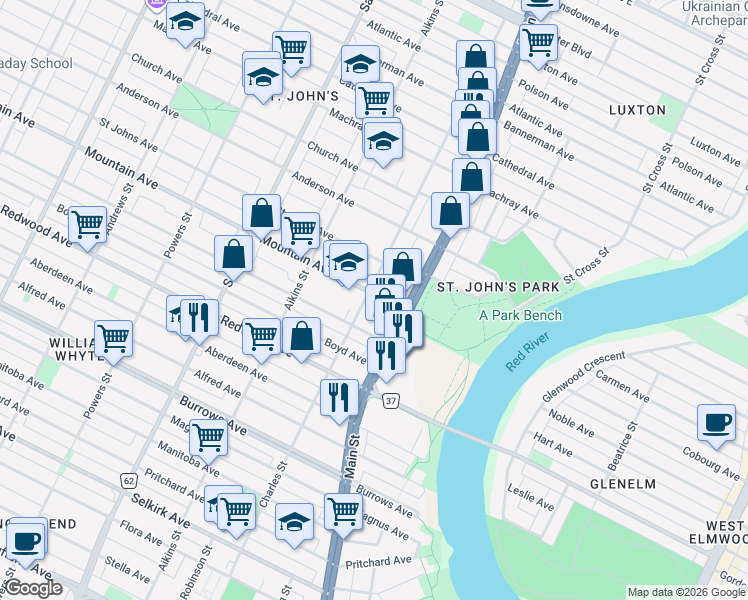 map of restaurants, bars, coffee shops, grocery stores, and more near 282 Mountain Avenue in Winnipeg